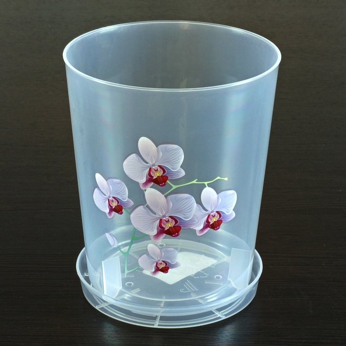 Горшок для орхидей "Декор" с поддоном, V-1,2 л. D-12,5 см. H-14,5 см. БШ1603, прозрачный.