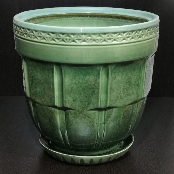 Керамический горшок с поддоном "Атлант средний", 1 сорт, зеленый. Котовская керамика.