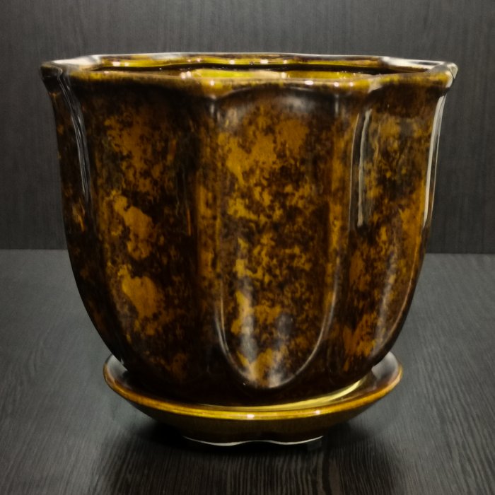 Керамический горшок с поддоном "Узор №2", 1 сорт, коричневый. Котовская керамика.