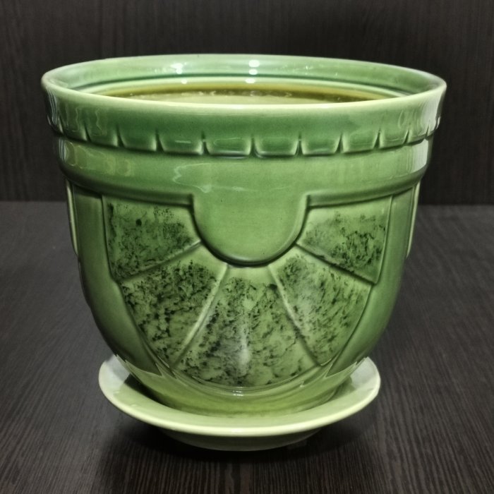 Керамический горшок с поддоном "Бастон №3", 1 сорт, зеленый. Котовская керамика.