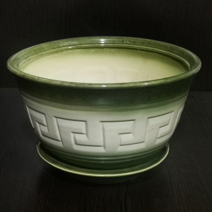 Керамический горшок с поддоном "Меандр №1", 1 сорт, бело-зеленый. Котовская керамика.