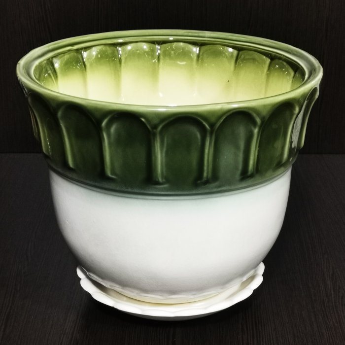 Керамический горшок с поддоном "Лето №1", 1 сорт, бело-зеленый. Котовская керамика.