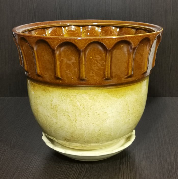 Керамический горшок с поддоном "Лето №1", 1 сорт, бежево-коричневый. Котовская керамика.