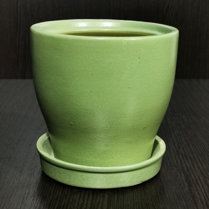 Керамический горшок с поддоном "Крокус №3", 1 сорт, травяной зеленый. Котовская керамика.