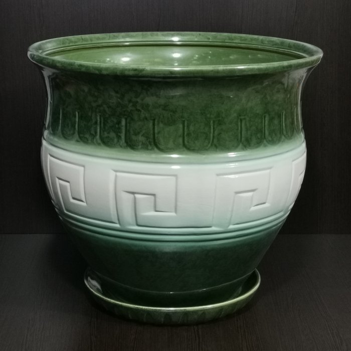 Керамический горшок с поддоном "Аттика большой", 1 сорт, бело-зеленый. Котовская керамика.