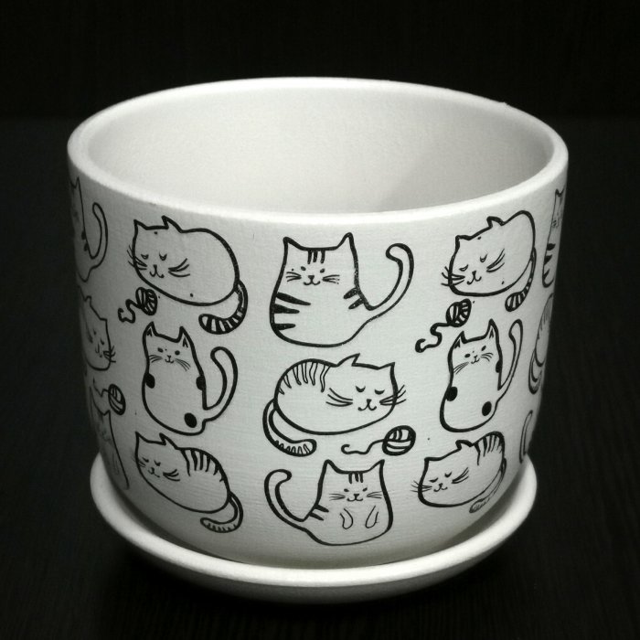 Керамический горшок "Бук коты белый №1 V-0,8 л. D-12 см. H-10 см. Композит.
